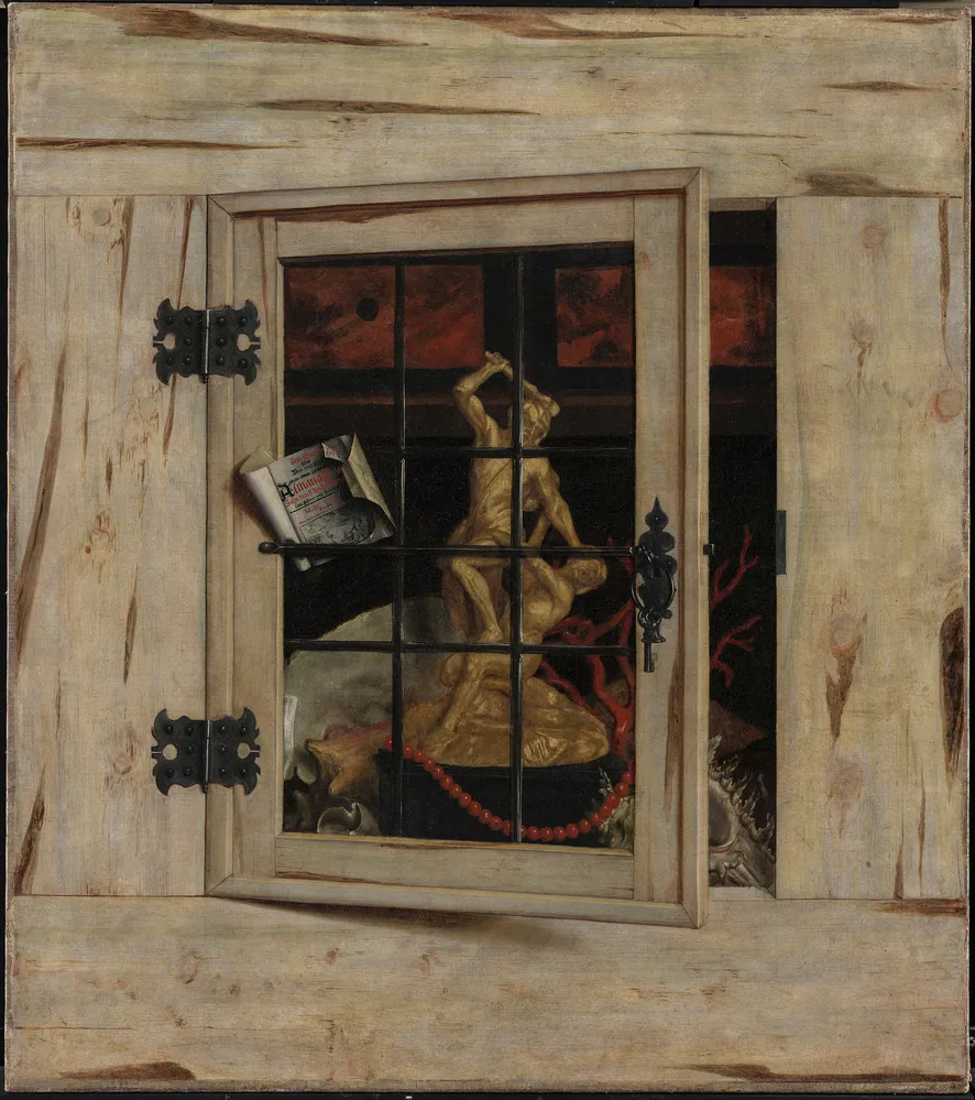 Et åbent kunstkammerskab med Herkules-gruppe og andre kunstkammergenstande by Cornelius Norbertus Gijsbrechts
