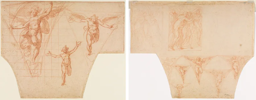 Three Studies of  Angels for a Pendentive (recto); Studies for Christ Meeting His Mother on the Road to Calvary, Studies of an Angel in a Pendentive (verso) by Cristoforo Roncalli