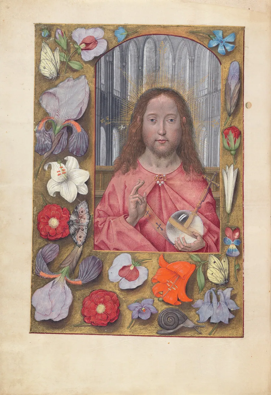 Hours of Queen Isabella the Catholic, Queen of Spain:  Fol. 14v, Salvator Mundi by Master of the First Prayerbook of Maximillian