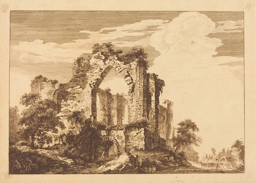 Ruins with a Seated Man, and a Covered Wagon in the Distance by Paul Sandby