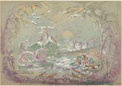 Lake Scene with Fairies and Swans