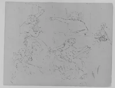 Two Sketches of Females Looking out of a Window; Seated Female; Mother Playing with Child; Seated Male and Female Looking at a Book (from Sketchbook)