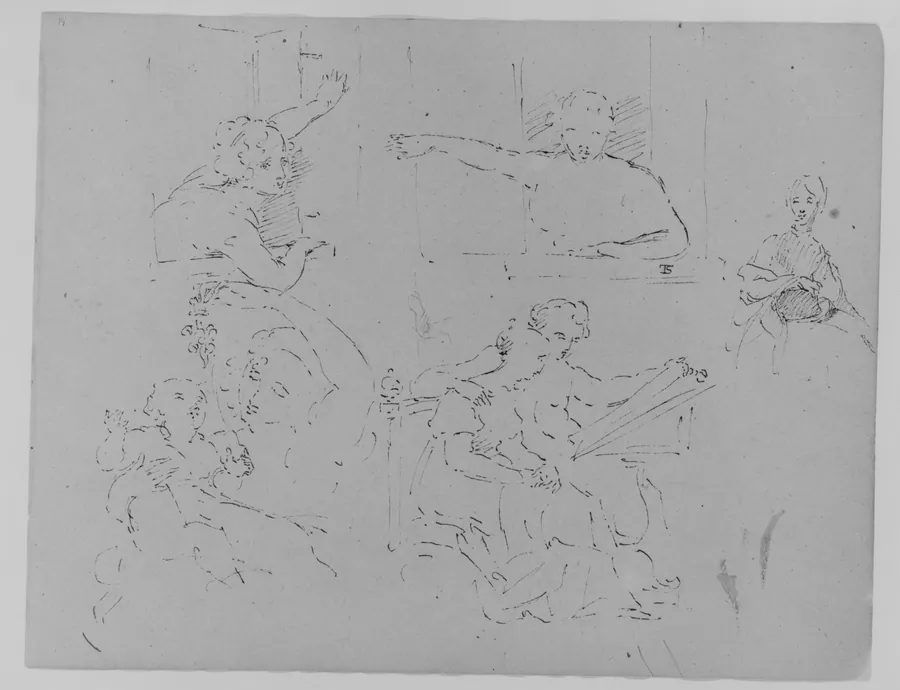 Two Sketches of Females Looking out of a Window; Seated Female; Mother Playing with Child; Seated Male and Female Looking at a Book (from Sketchbook) by Thomas Sully