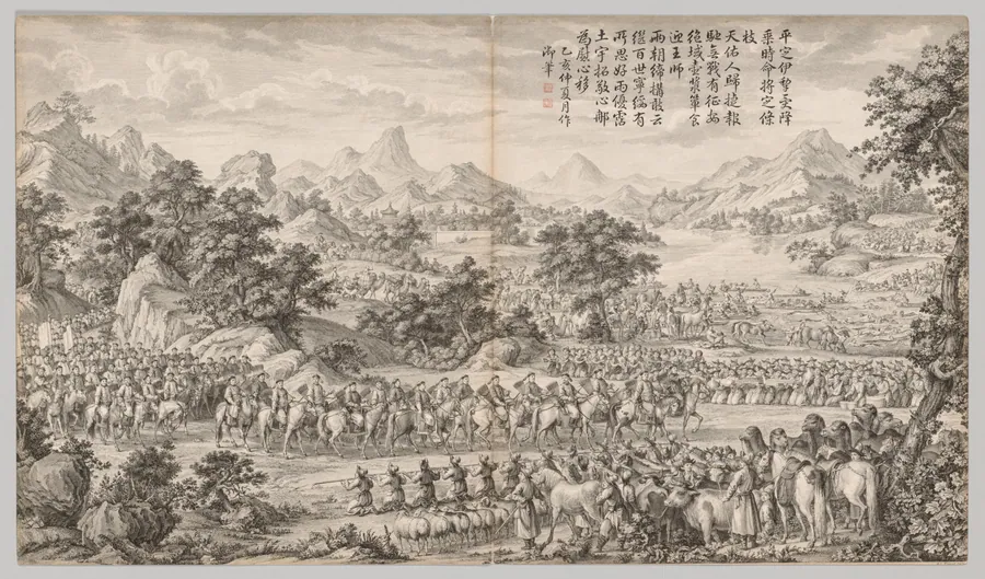 Receiving Surrender from the Eli: from Battle Scenes of the Quelling of Rebellions in the Western Regions, with Imperial Poems by Giuseppe Castiglione
