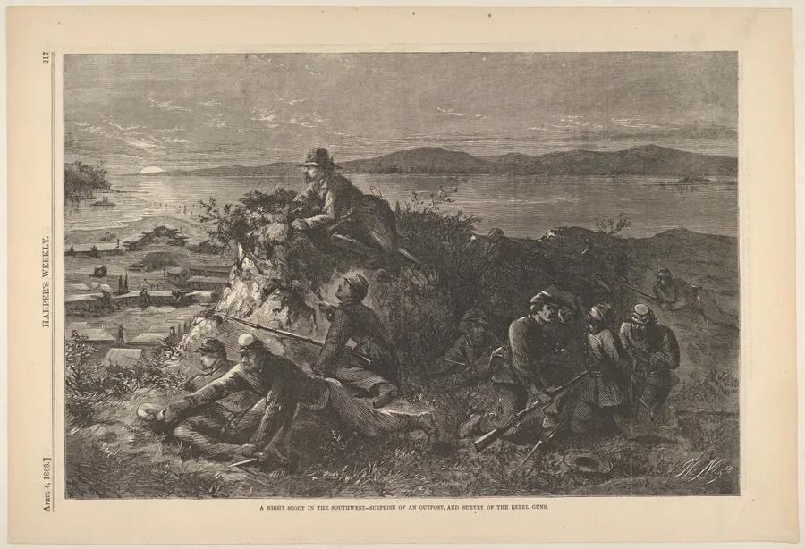A Night Scout in the Southwest – Surprise of an Outpost, and Survey of the Rebel Guns (from "Harper's Weekly") by Thomas Nast