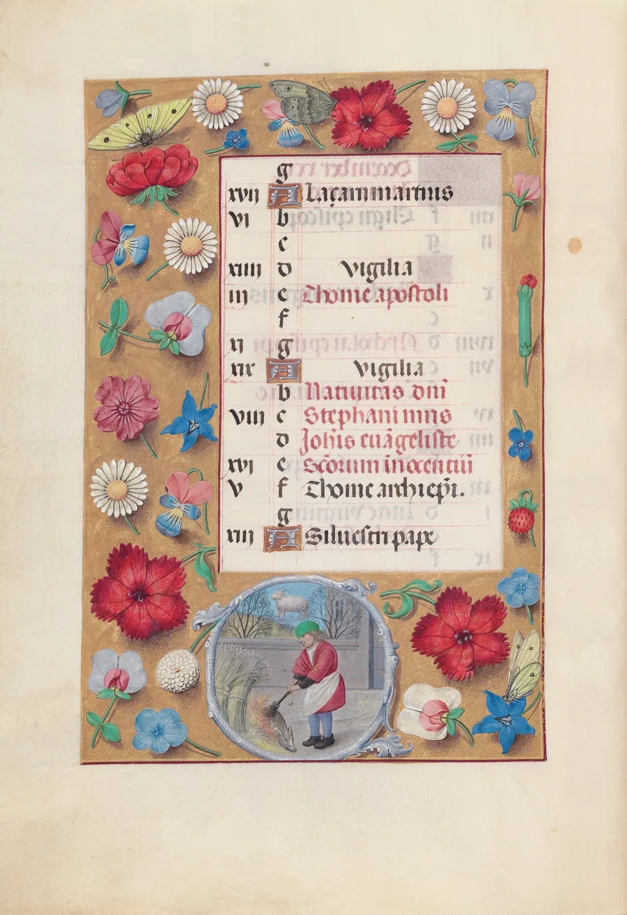 Hours of Queen Isabella the Catholic, Queen of Spain:  Fol. 13v, December by Master of the First Prayerbook of Maximillian