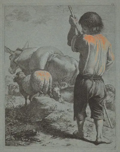 Shepherd with Donkey, Sheep and Goat