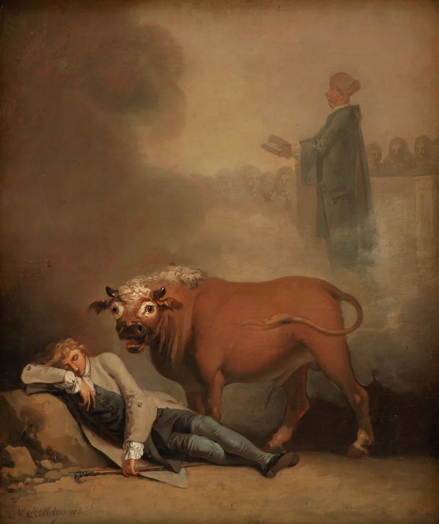 Niels Klim tror at høre degnen i Fane Kirke, da han vågner på den underjordiske planet ved en tyrs brølen by Nicolai Abildgaard