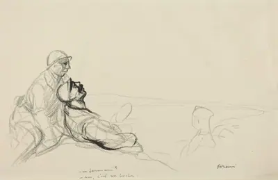 a) -Un farman? -non, c'est un boche. (recto); b) Sketch of Figure (verso)