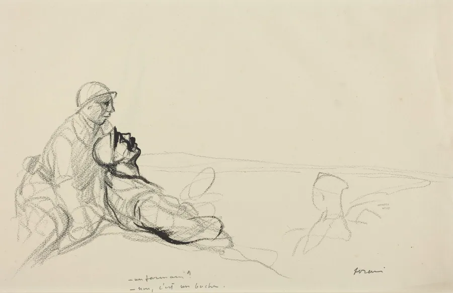 a) -Un farman?  -non, c'est un boche. (recto); b) Sketch of Figure (verso) by Jean-Louis Forain