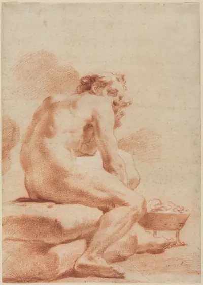 A Young Man Warming Himself at a Brazier