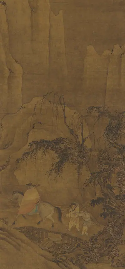 A traveler on horseback with attendants