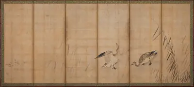 Two geese and grasses 雁図屏風