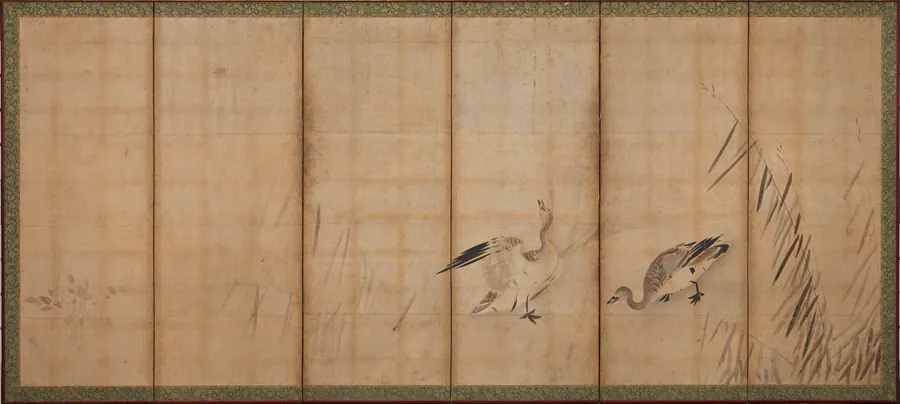 Two geese and grasses 雁図屏風 by Sesson Shukei 雪村周継 (1504-1589)