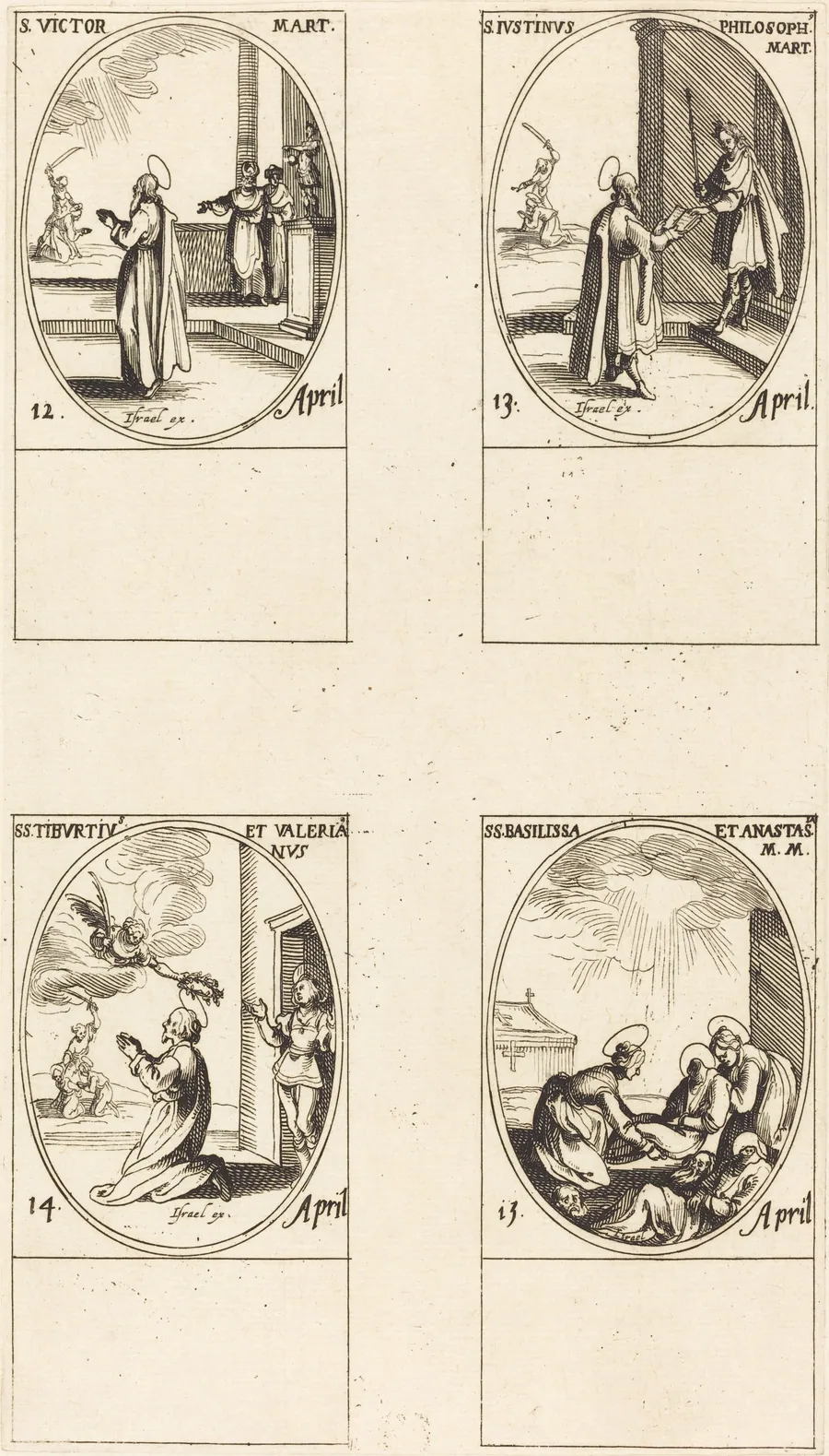 St. Victor; St. Justinus; Sts. Tiburtius and Valerianus; Sts. Basilissa and Anastasia by Jacques Callot