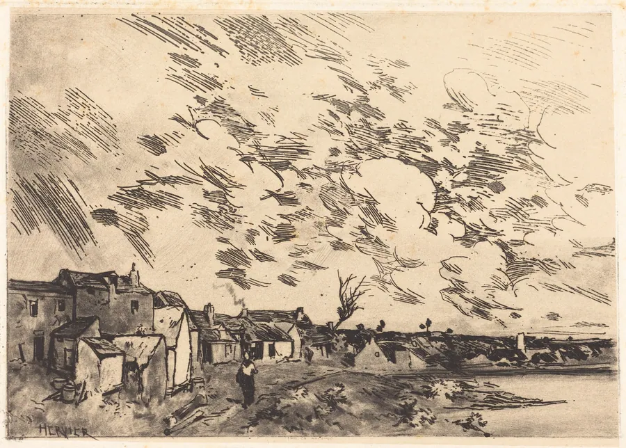 Village sur le bord d'une Riviere by Adolphe Hervier