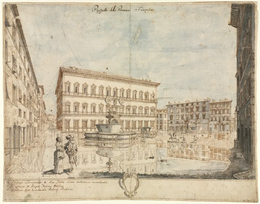 Eighteen Views of Rome: The Piazza Farnese (recto) by Lievin Cruyl