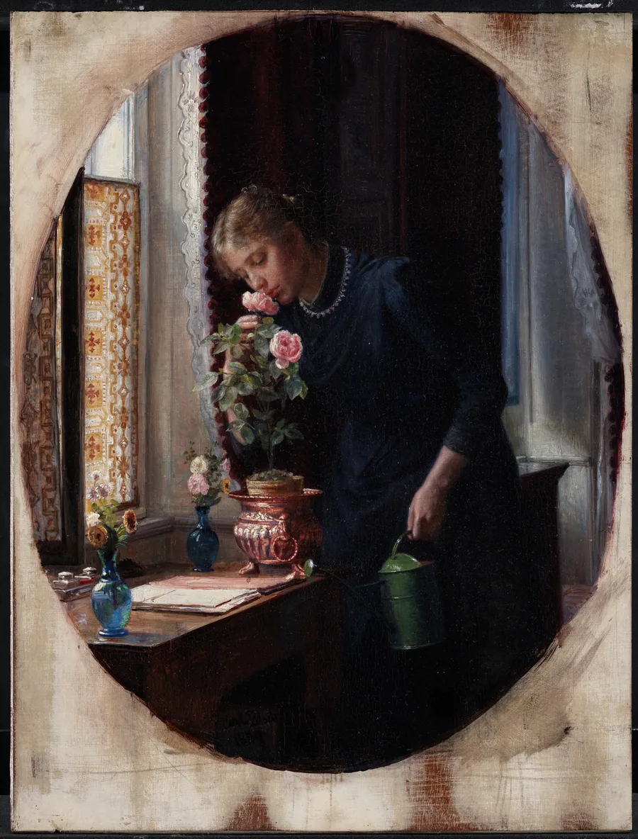 En ung pige, der lugter til en rose by Carl Bloch