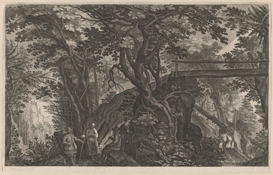 Travelers Resting in a Mountain Forest by a Log Bridge by Aegidius Sadeler II