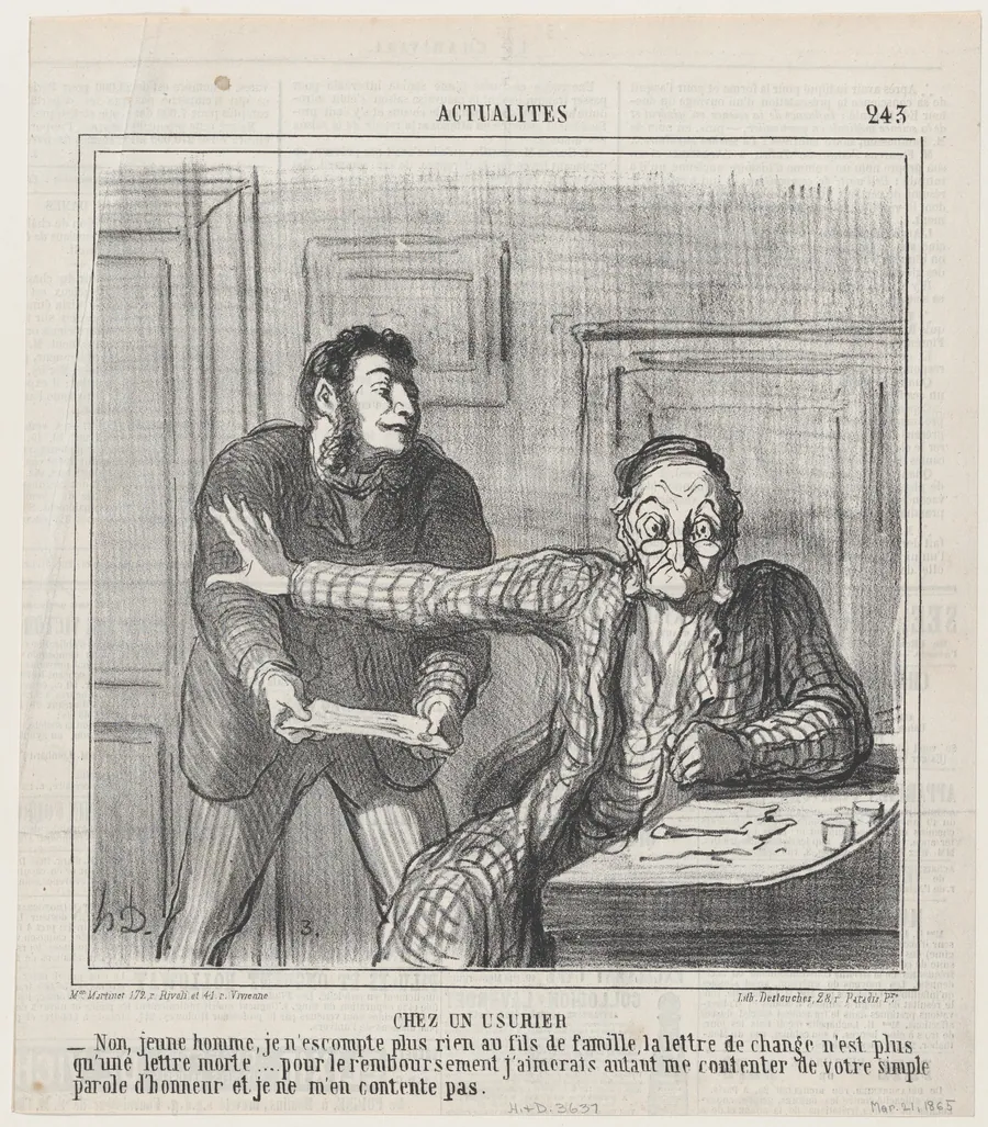 At a usurer's, from 'News of the day,' published in Le Charivari, March 21, 1865 by Destouches