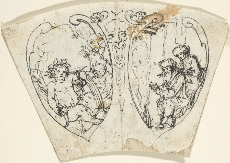 Design for a Cup (?) with Bacchus and Two Figures Warming Themselves (January) by Anonymous, German, 19th century