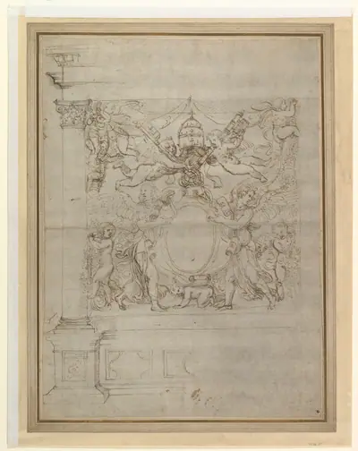A Tabernacle Containing a Papal Escutcheon Supported by Angels