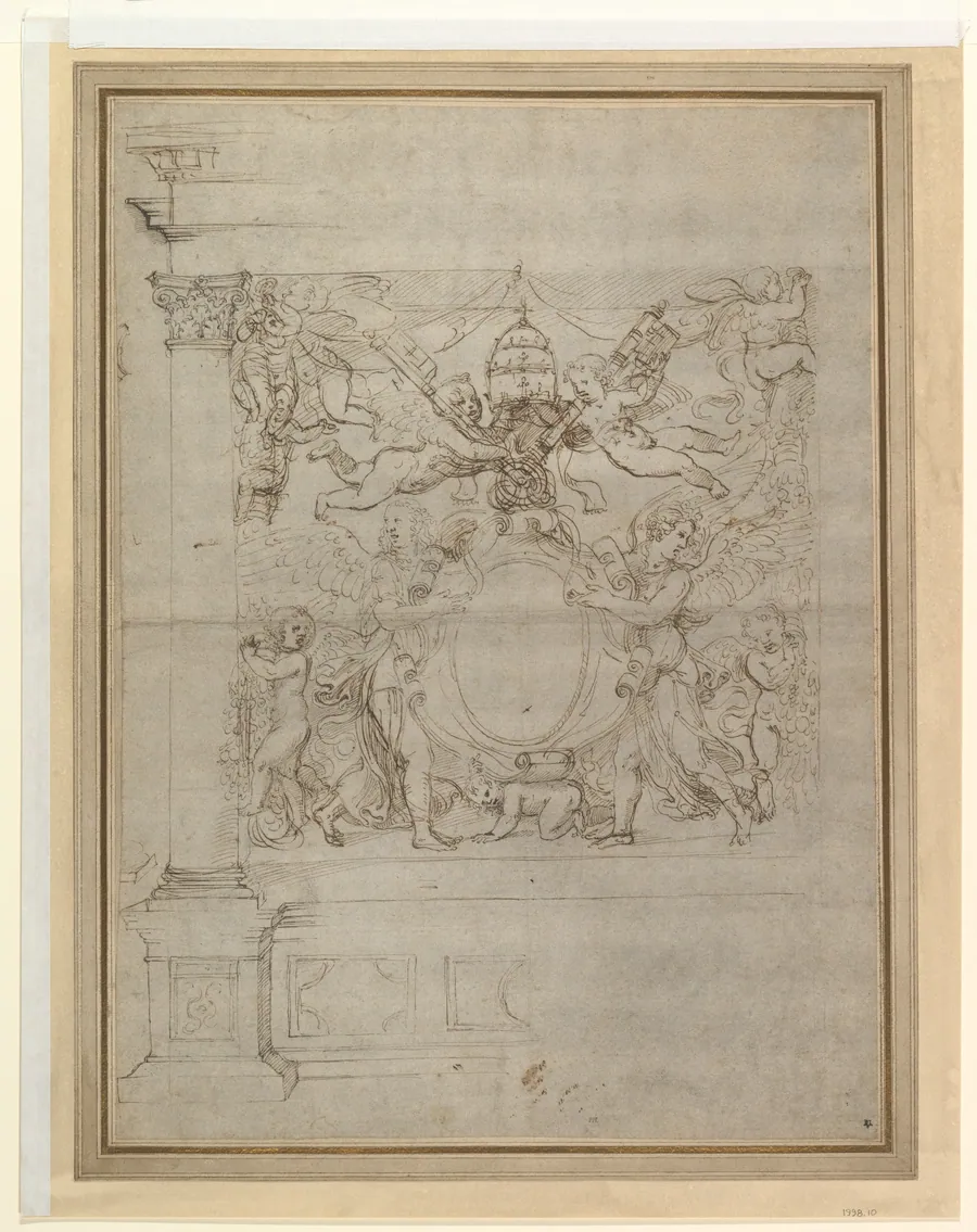 A Tabernacle Containing a Papal Escutcheon Supported by Angels by Giulio Romano