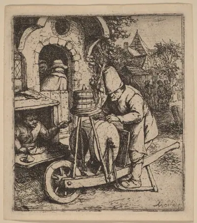 Knifegrinder at Work Outside a Cobbler's Workshop