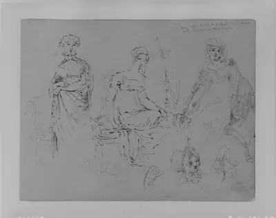 One Standing Woman; Two Seated Women in Fashionable Attire, All 3/4 Length; Two Female Heads in Bonnets (from Sketchbook)