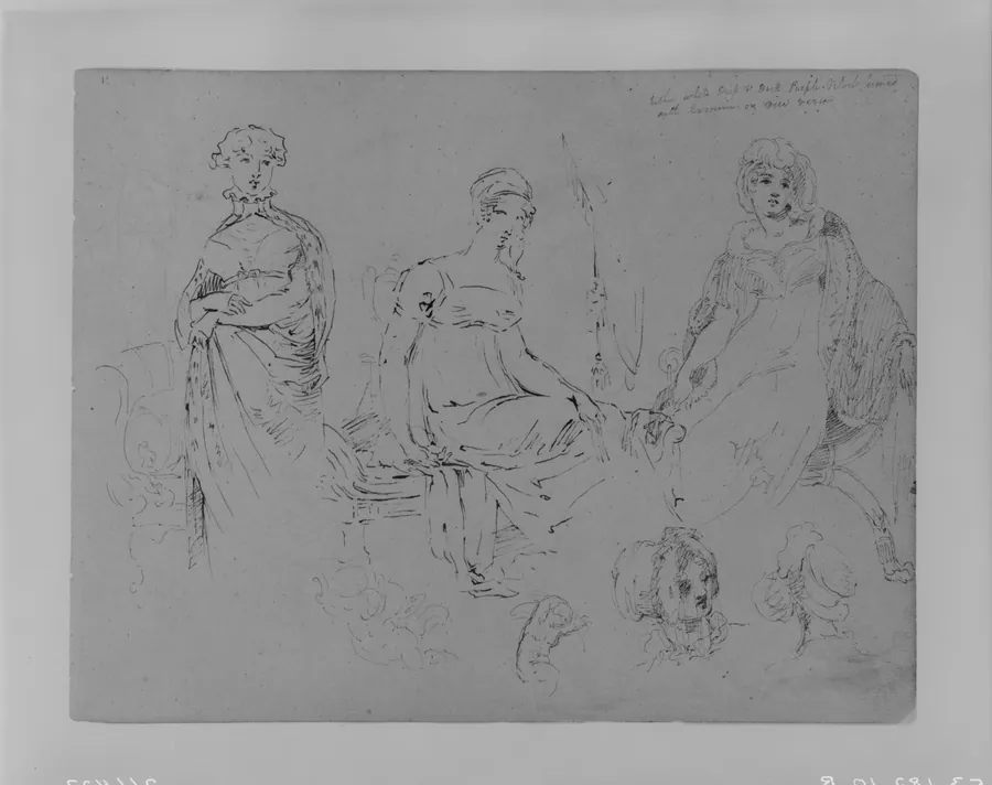 One Standing Woman; Two Seated Women in Fashionable Attire, All 3/4 Length; Two Female Heads in Bonnets (from Sketchbook) by Thomas Sully