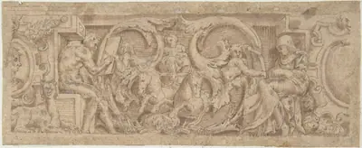 Figures, Horses, and Sphinx Entwined in Foliage and Strapwork