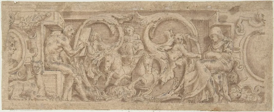 Figures, Horses, and Sphinx Entwined in Foliage and Strapwork by Anonymous, German, 19th century