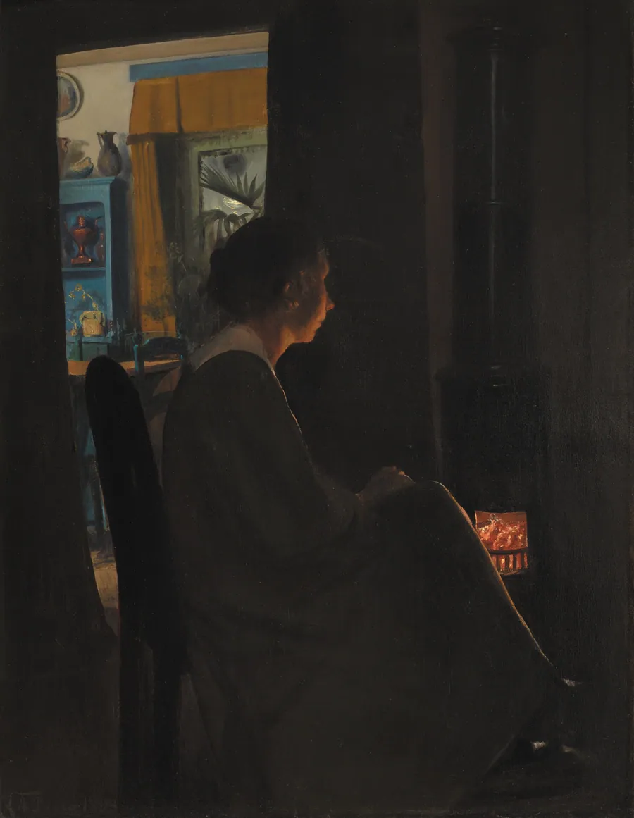 Skumring. Kunstnerens hustru ved kakkelovnen by L.A. Ring