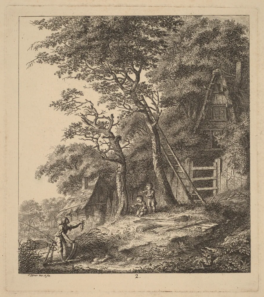 A Fisherman and Two Children in a Landscape with Thatched Cottages by Salomon Gessner