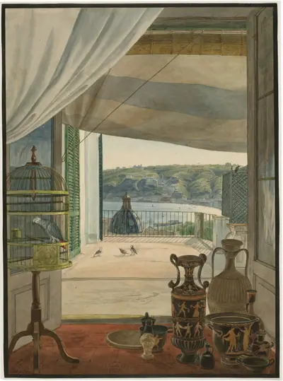 Antiquities by a Balcony Overlooking the Gulf of Naples