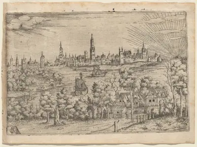 View across a River to a Walled City at Sunset