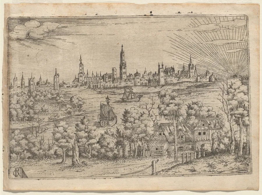 View across a River to a Walled City at Sunset by Master CR