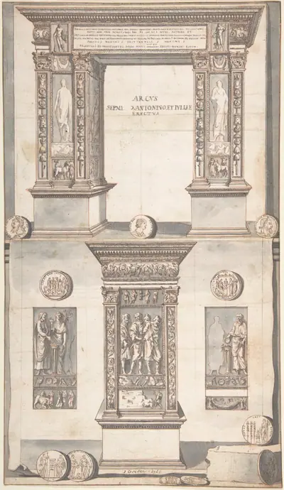 Arch of Septimius Severus, Frontal Elevation (above) and Side View (below)