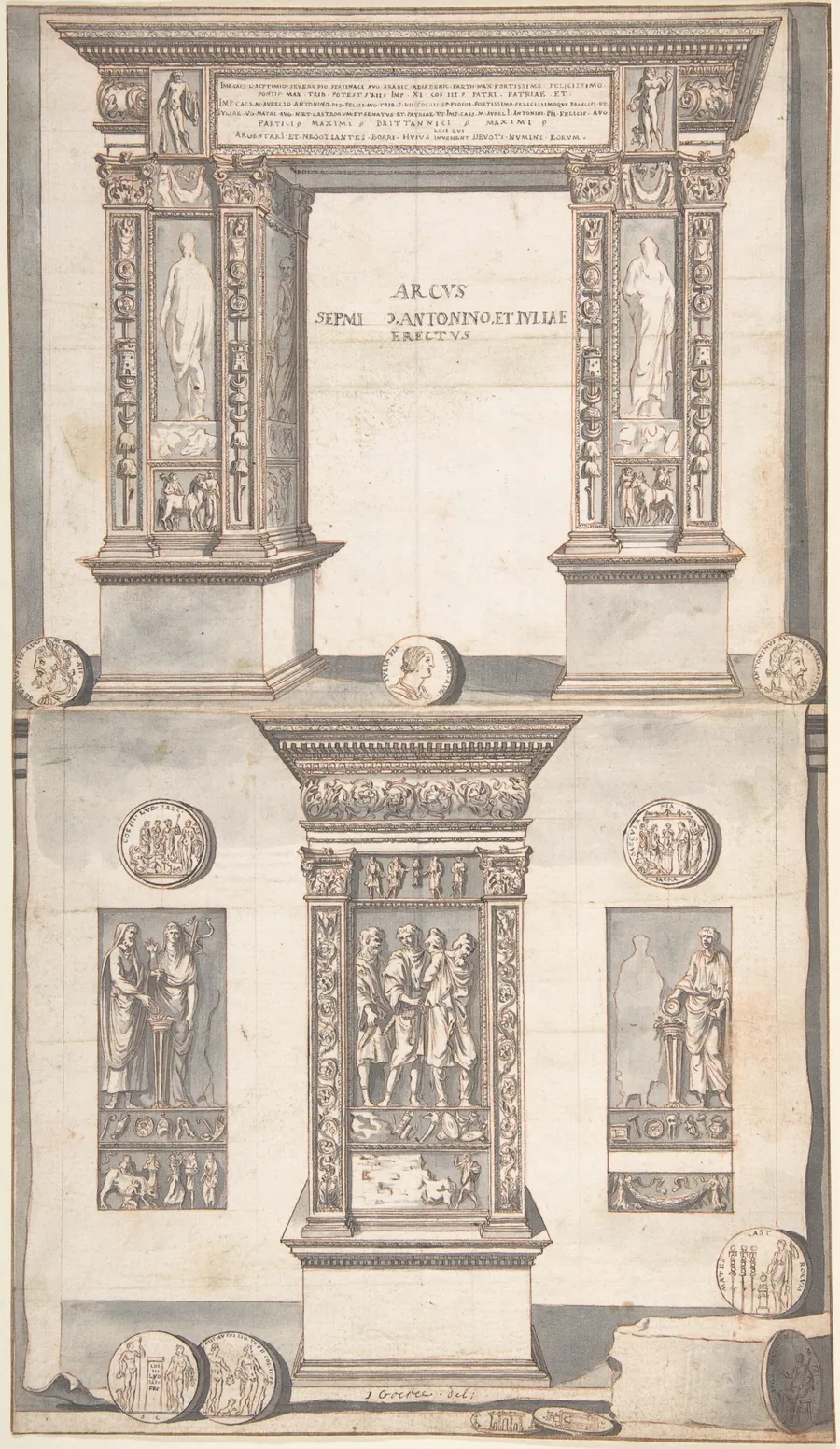 Arch of Septimius Severus, Frontal Elevation (above) and Side View (below) by Jan Goeree