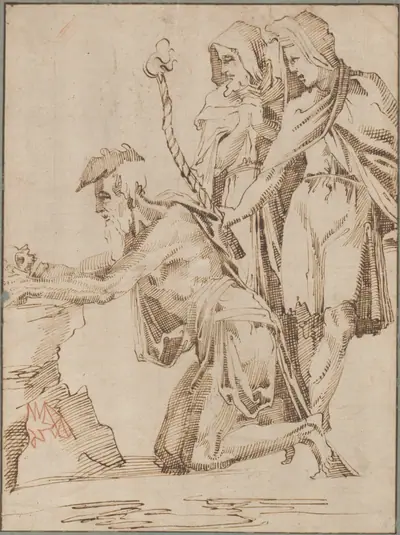 Kneeling Hermit and Two Draped Figures Contemplating a Skull