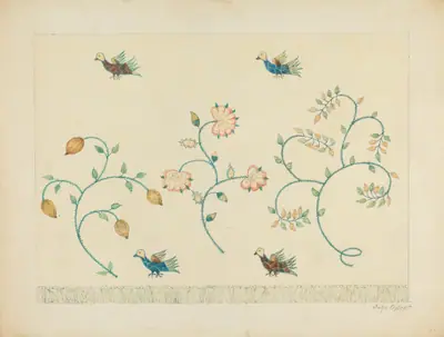 Set of Crewel Embroidered Bed Curtains