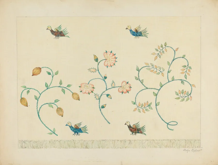 Set of Crewel Embroidered Bed Curtains by John Oster