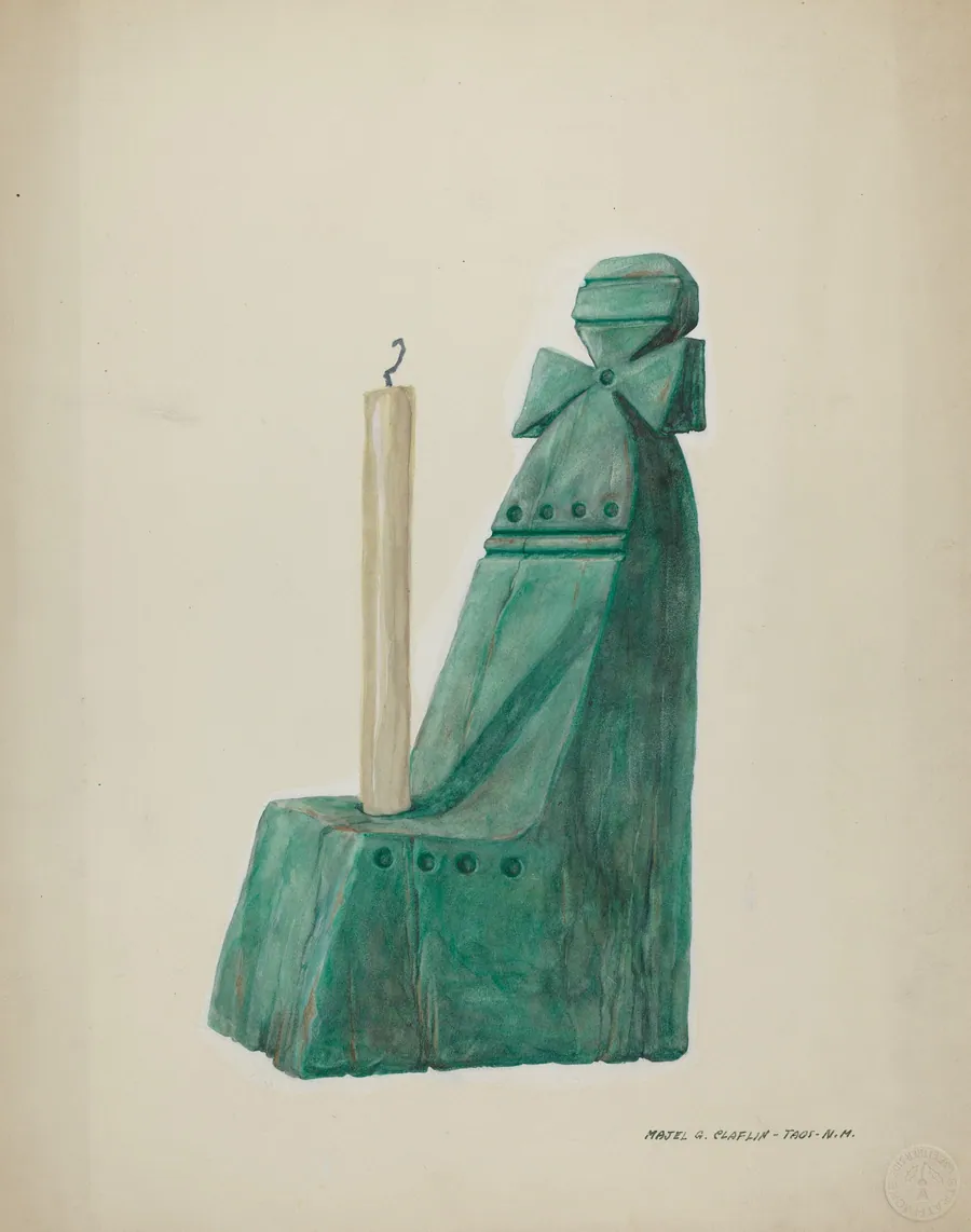 Painted Wooden Candle Stick, with Grooves andCircles by Majel G. Claflin