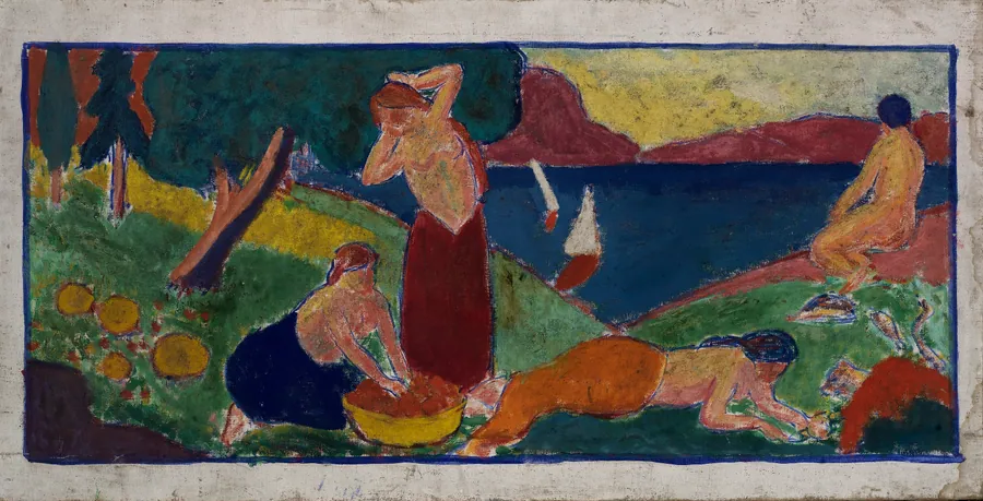 (Women in Landscape with Blue Border) by Carl Newman, born Philadelphia, PA 1858-died Abington, PA 1932