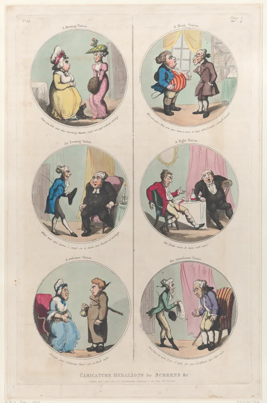 Caricature Medallions for Screens &c: A Morning Visitor, An Evening Visitor, A Welcome Visitor, A Noon Visitor, A Night Visitor, An Unwelcome Visitor by Thomas Rowlandson