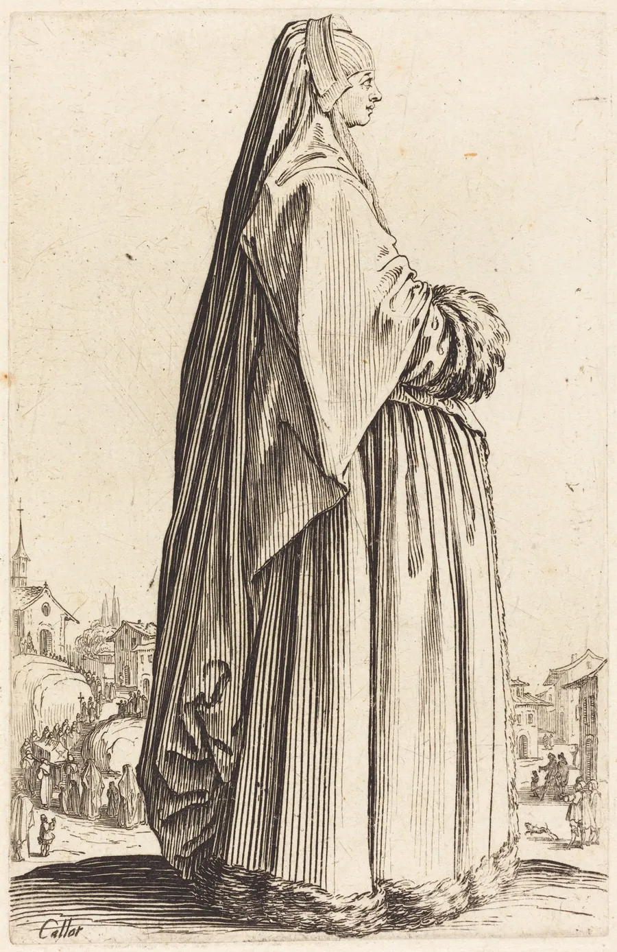 Noble Woman Wearing a Veil and a Dress Trimmed in Fur by Jacques Callot