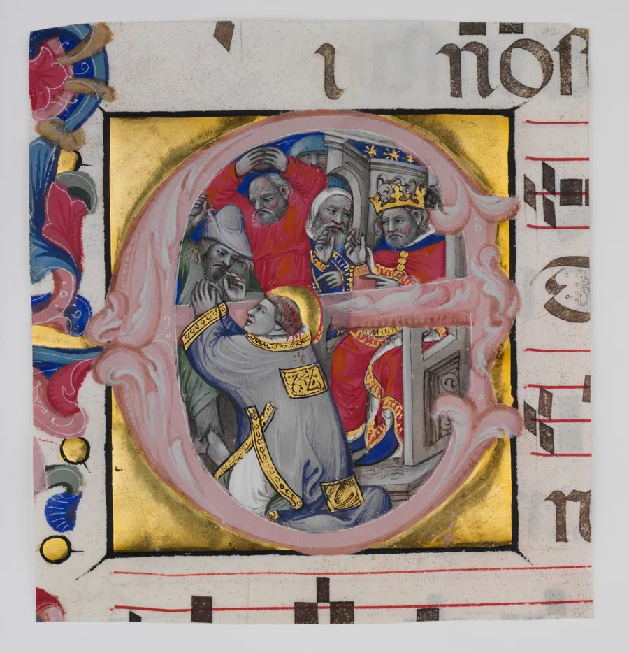 Manuscript Illumination with the Martyrdom of Saint Stephen in an Initial E, from a Gradual by Niccolò di Giacomo da Bologna