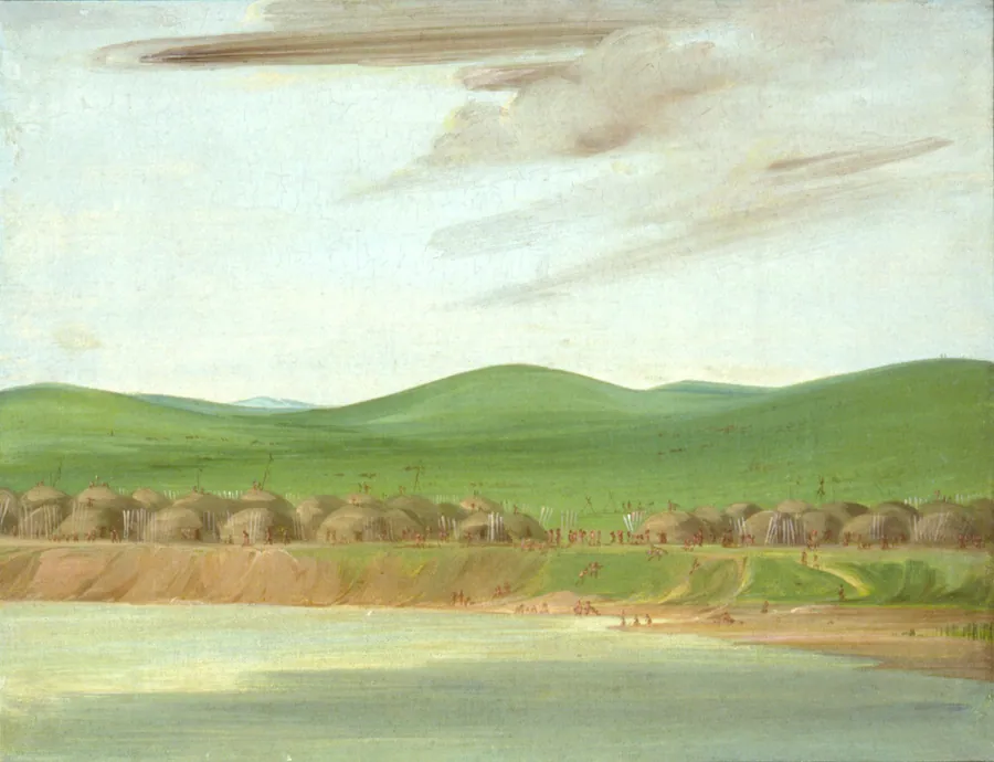 Arikara Village of Earth-Covered lodges, 1600 Miles above St. Louis by George Catlin, born Wilkes-Barre, PA 1796-died Jersey City, NJ 1872
