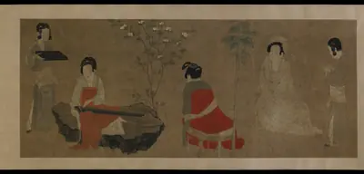 Palace ladies tuning a zither (qin)
