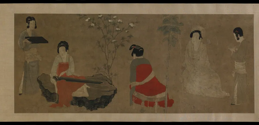 Palace ladies tuning a zither (qin) by Traditionally attributed to Zhou Fang (傳)周昉 (ca. 730-ca. 800)